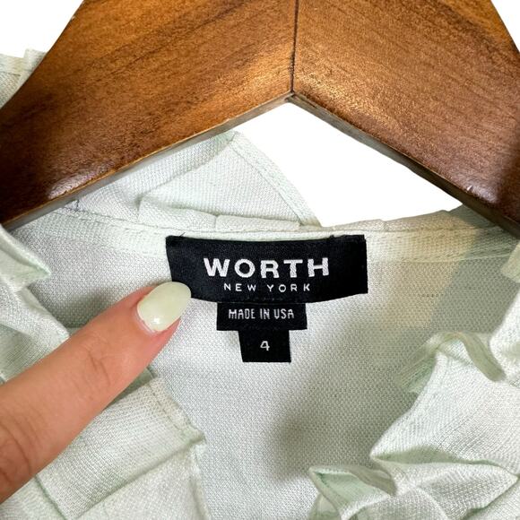 Worth Pastel Green Linen Blend Sleeveless Button Up Ruffle Mock Neck Shirt - Picture 8 of 10